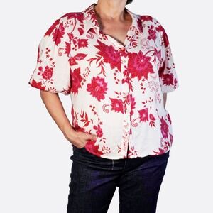 Red Floral Linen Blouse Crimson Puff Sleeve Button Down Top Plus 0X 1X Coastal